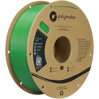 Polymaker ASA Filament in grün auf einer Spule mit 1,75 mm Durchmesser, hergestellt für den 3D-Druck im Freien.