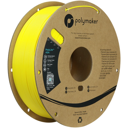 Polymaker ASA Filament in Yellow, 1.75 mm diameter, designed for outdoor use with high UV resistance.