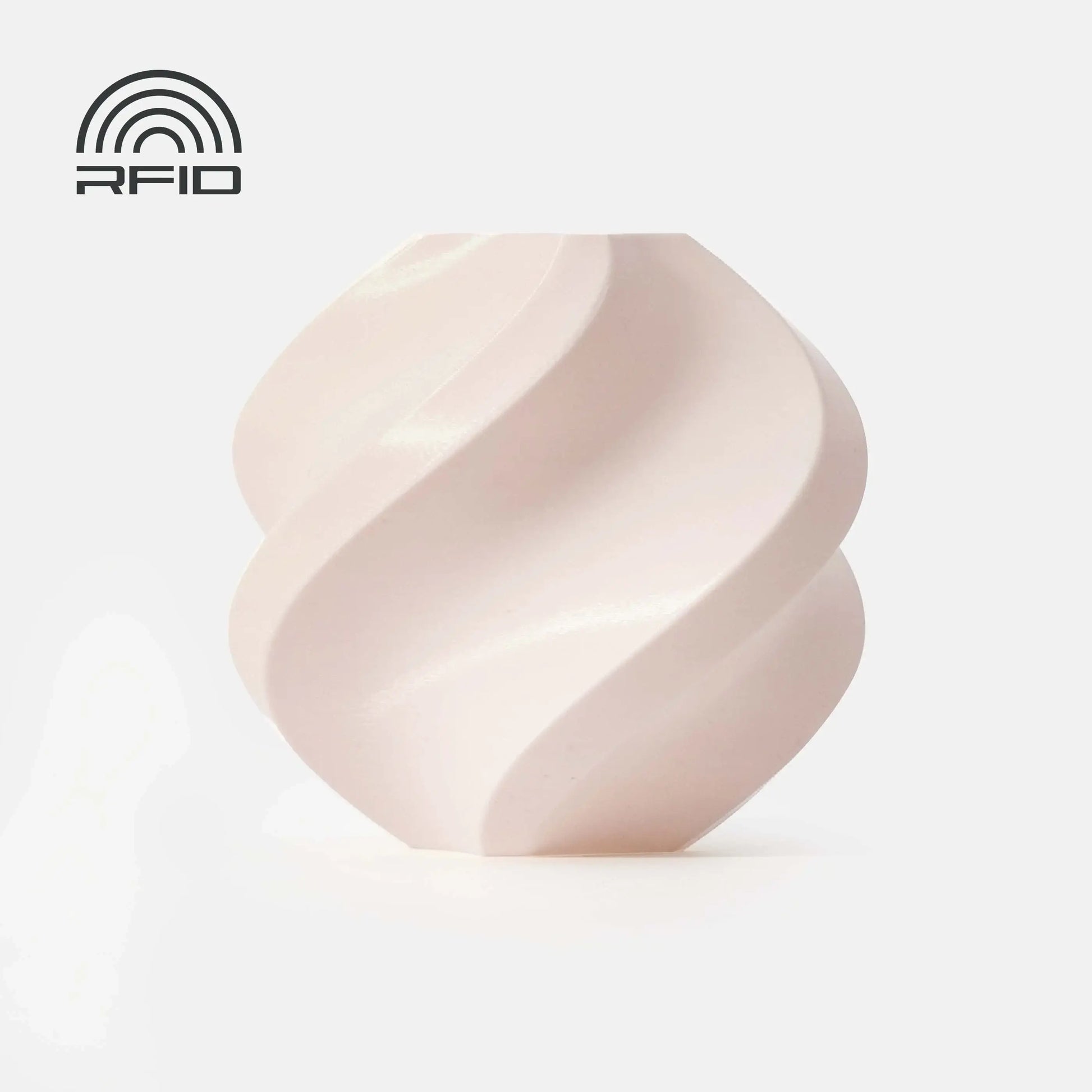 Bambu Lab PLA Basic 3D print of a decorative spiral vase in soft pink color.
