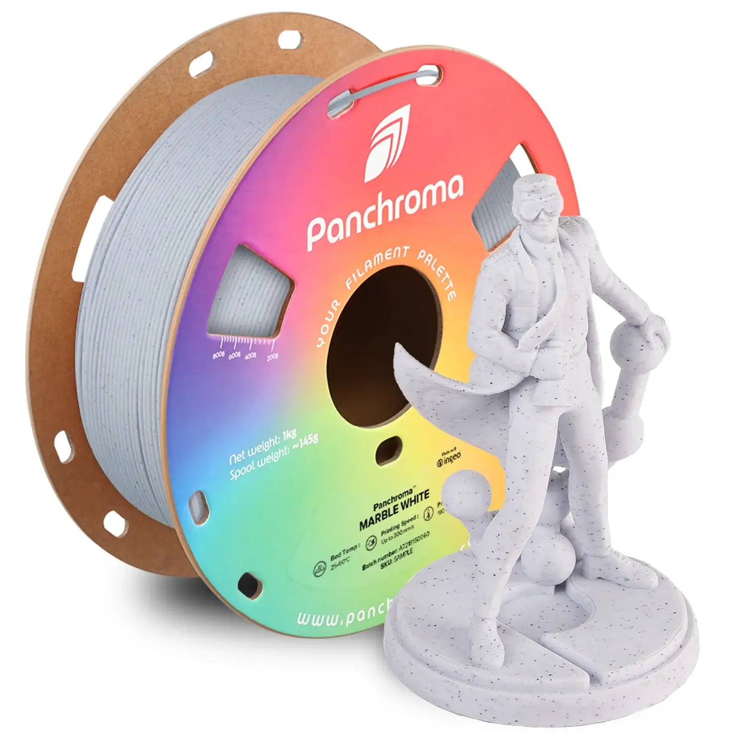 Polymaker Panchroma PLA Marble Effekt-Filament with a 3D printed figure showcasing marble effect.