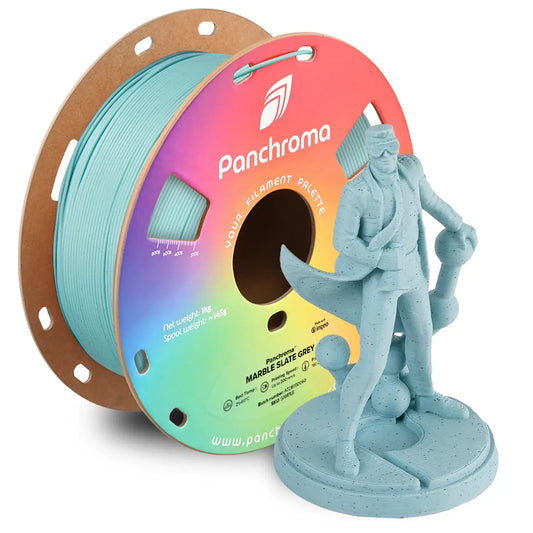 Polymaker Panchroma PLA Marble Effekt-Filament spool with marble slate grey figurine, showcasing 3D printing technology.