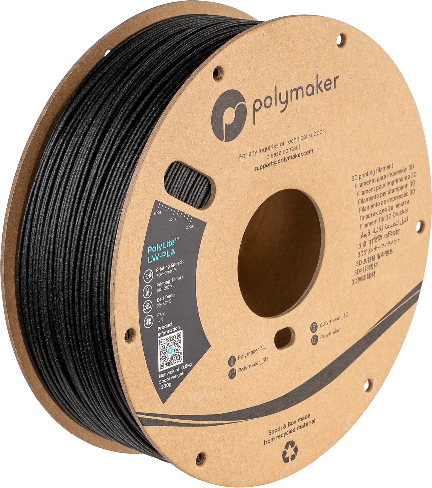 Polymaker PolyLite LW-PLA das leichte PLA Filament auf Spule, ideal für 3D-Druck-Anwendungen.