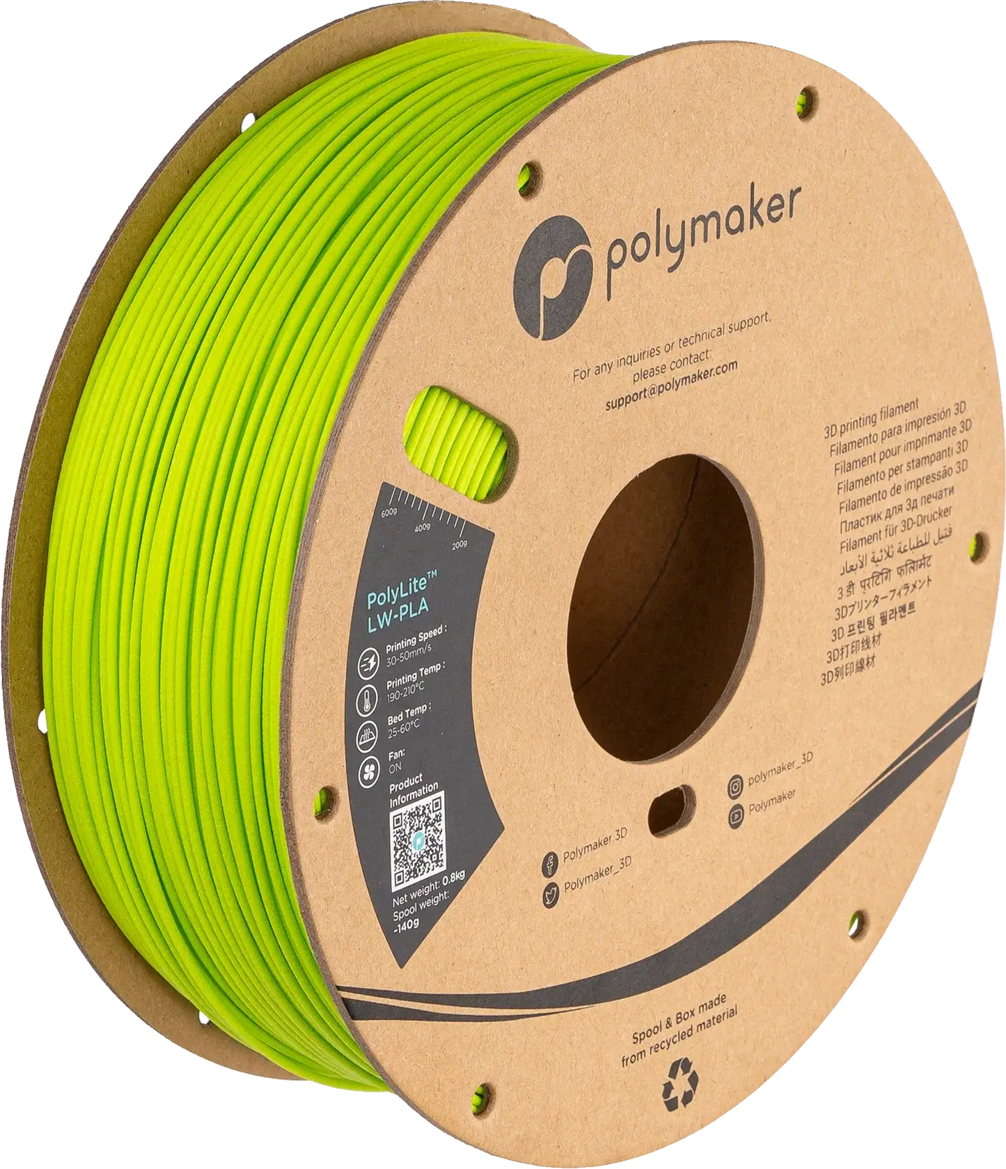 Polymaker PolyLite LW-PLA das leichte PLA Filament auf einer Spule in leuchtendem Grün.