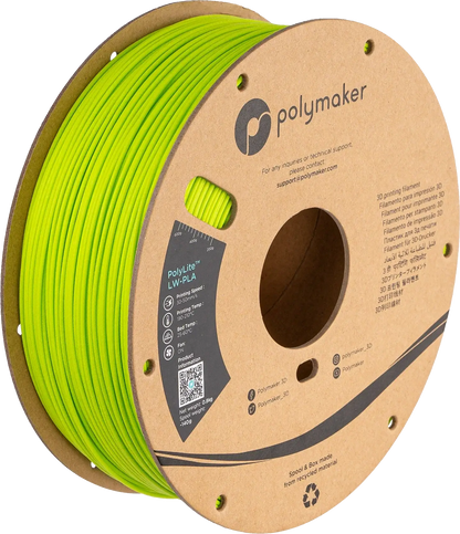 Polymaker PolyLite LW-PLA das leichte PLA Filament auf einer Spule in leuchtendem Grün.