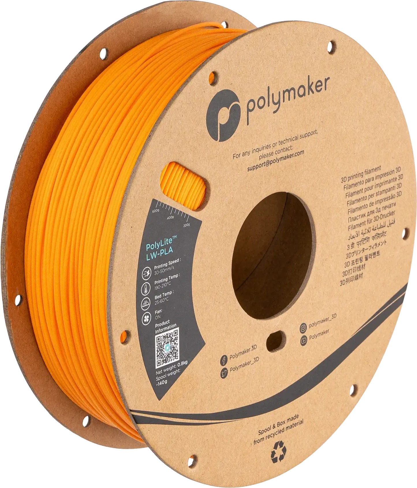 Polymaker PolyLite LW-PLA das leichte PLA Filament auf einer Spule in orange