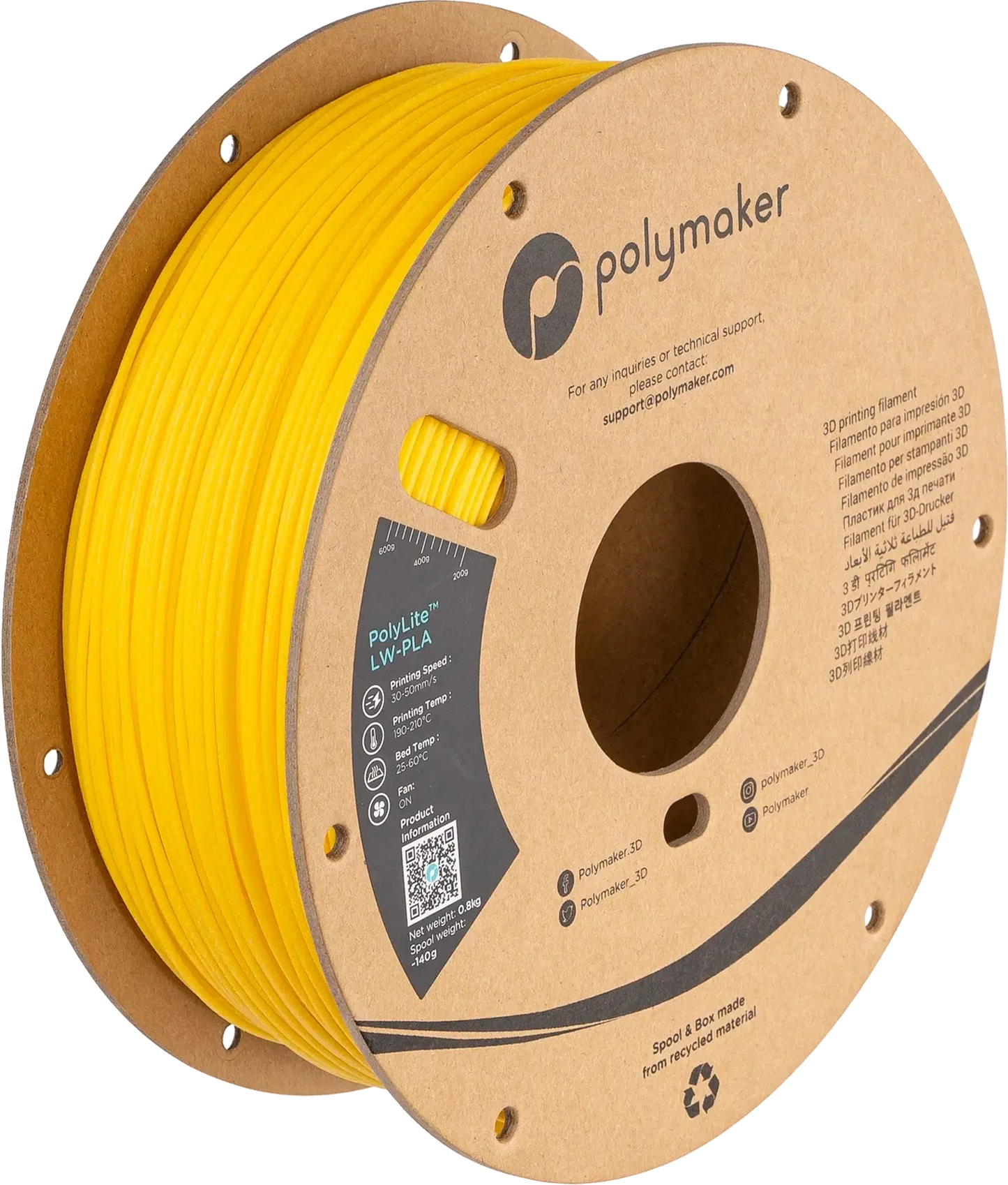 Polymaker PolyLite LW-PLA das leichte PLA Filament auf einer Spule, ideal für 3D-Druck Anwendungen.