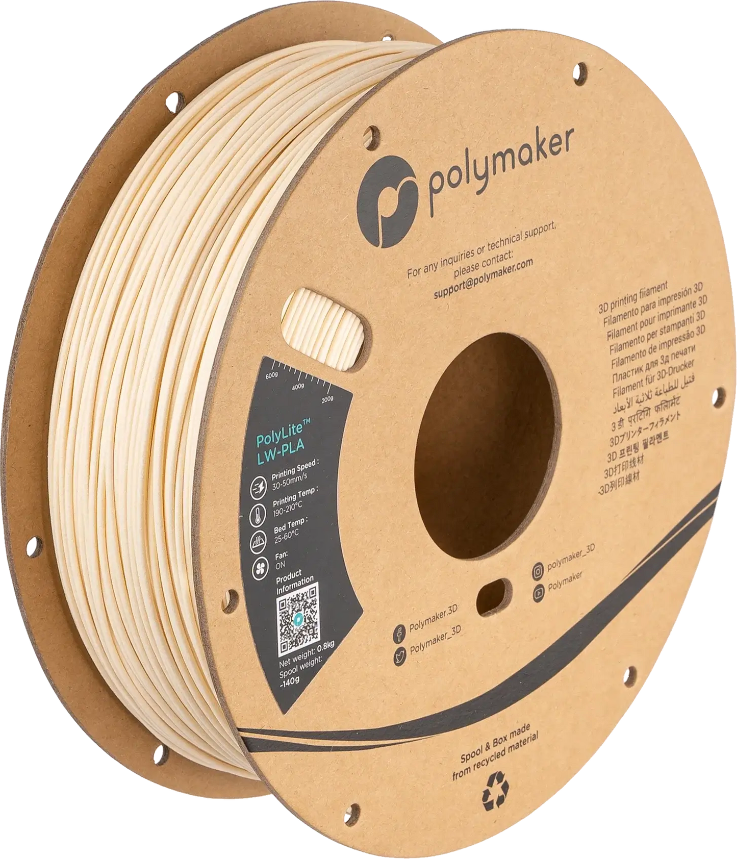 Polymaker PolyLite LW-PLA das leichte PLA Filament auf einer Spule zur Verwendung im 3D-Druck.