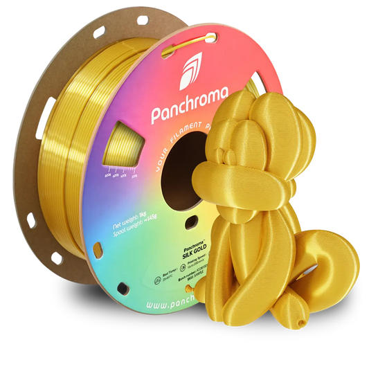 Polymaker Panchroma Silk PLA spool with a golden 3D printed figure, showcasing the silk finish in 3D printing.