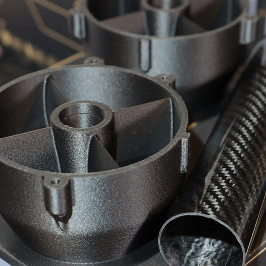 Polymaker Fiberon PA12-CF10 parts showcasing carbon fiber reinforced precision engineering.