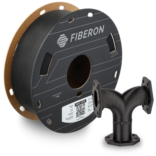 Polymaker Fiberon™ PA12-CF10 filament spool and printed part showing carbon fiber reinforced PA12.