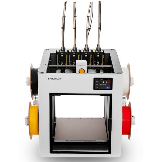SNAPMAKER U1 Multimaterial 3D-Drucker mit vier unabhängigen Druckköpfen und farbigen Filamentrollen.