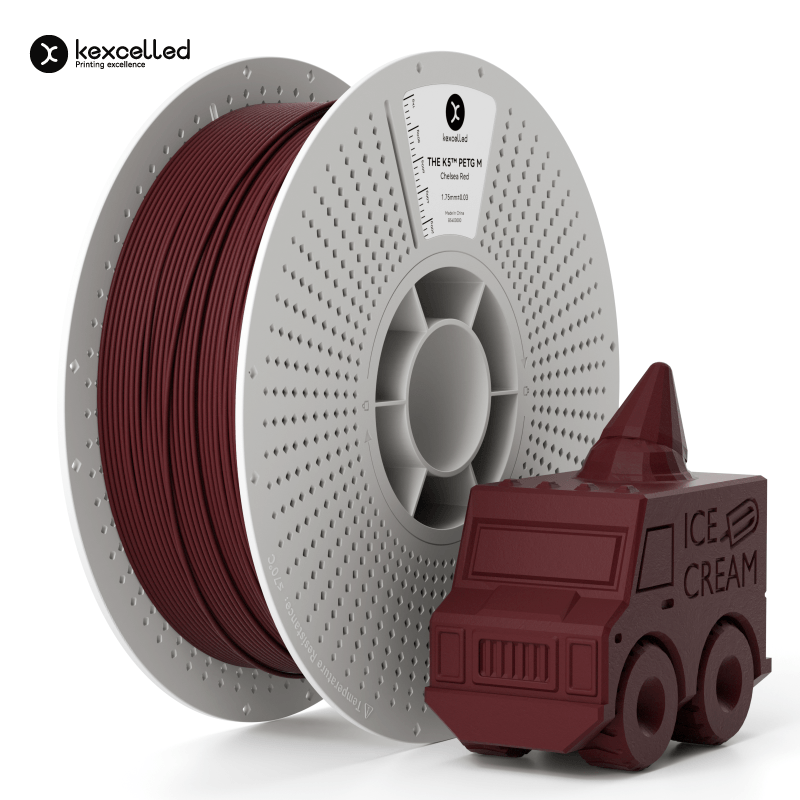 Kexcelled THE K5 PETG M – Mattes PETG-Filament auf Spule mit Eiscreme-Fahrzeug-Modell in maroon Farbton