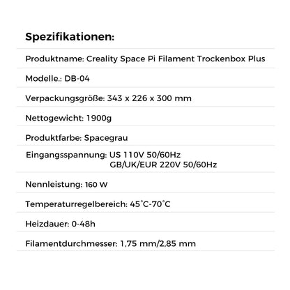 Spezifikationen der Creality Space Pi Filament Trockenbox Plus – 2 Spulen mit technischen Details und Abmessungen.