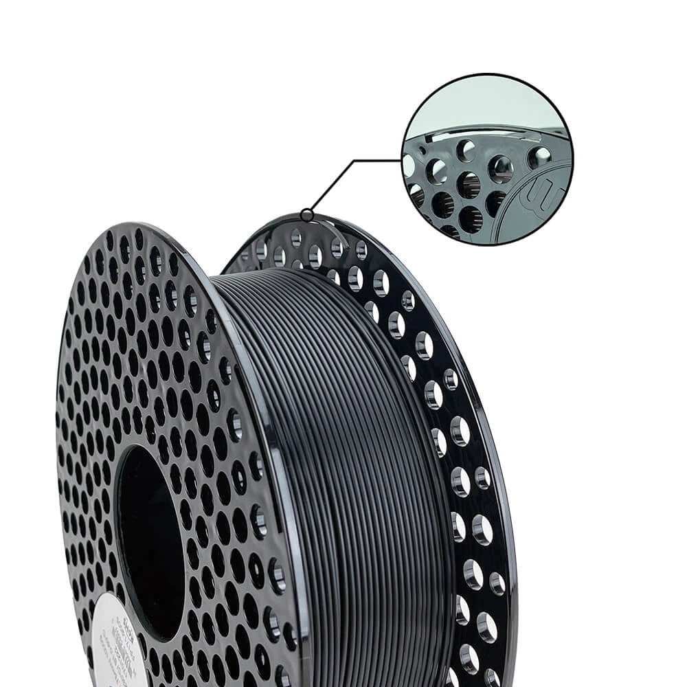 AzureFilm ABS-P (Plus): Schwarze Spule mit Lochraster und Detailansicht der Perforation