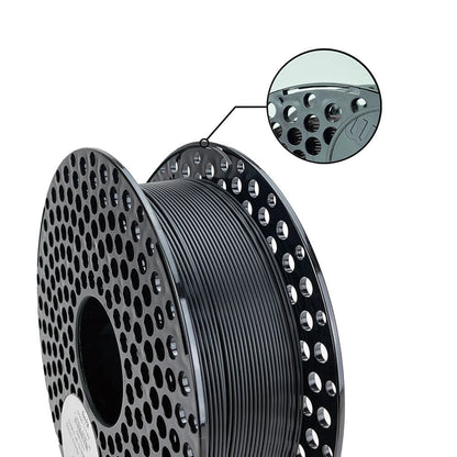 AzureFilm ABS-P (Plus): Schwarze Spule mit Lochraster und Detailansicht der Perforation