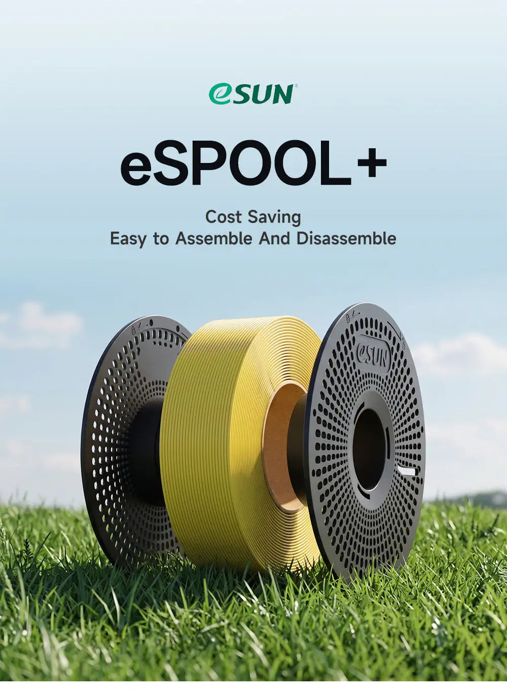 eSUN eSpool+ 2.0 Wiederverwendbare Spule: Spule mit gelbem Filament auf einer Wiese