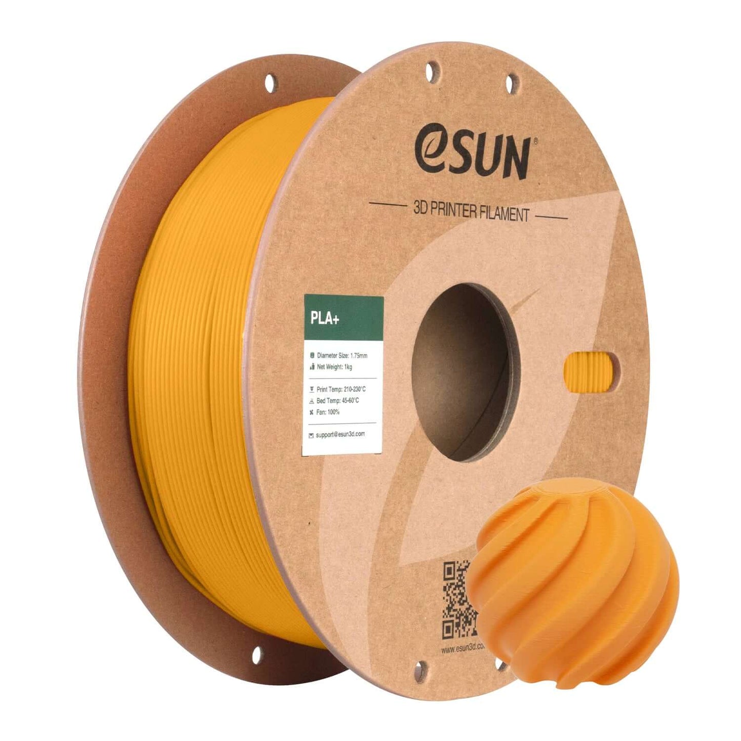 eSUN PLA+ – PLA-Filament mit erhöhter Zähigkeit auf einer Spule, orangefarbenes 3D-Druckmaterial.