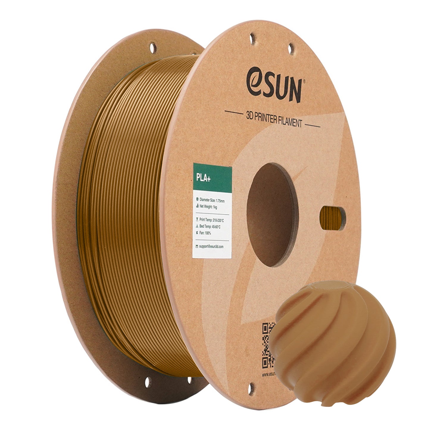 eSUN PLA+ – PLA-Filament mit erhöhter Zähigkeit auf einer Spule mit gedrucktem Objekt.