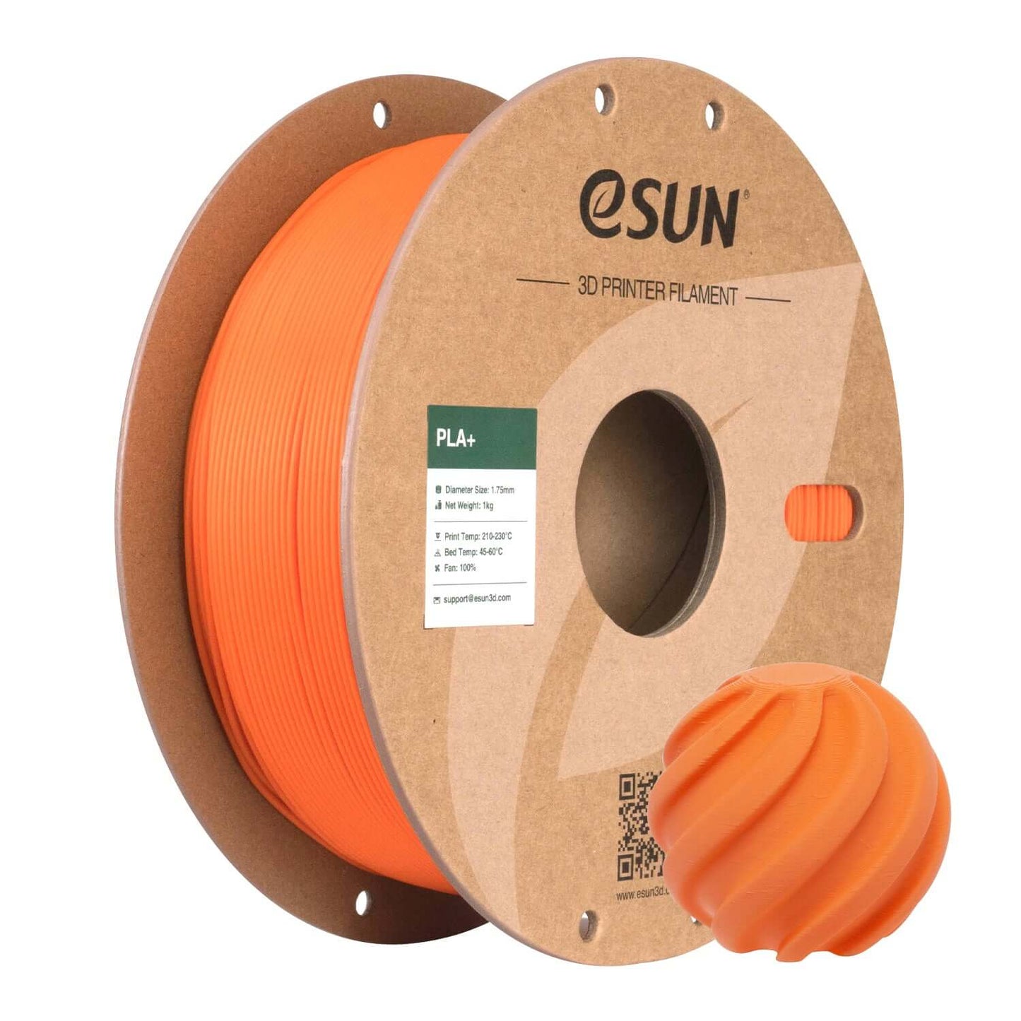 eSUN PLA+ – PLA-Filament mit erhöhter Zähigkeit auf einer Spule mit orangefarbenem Filament.