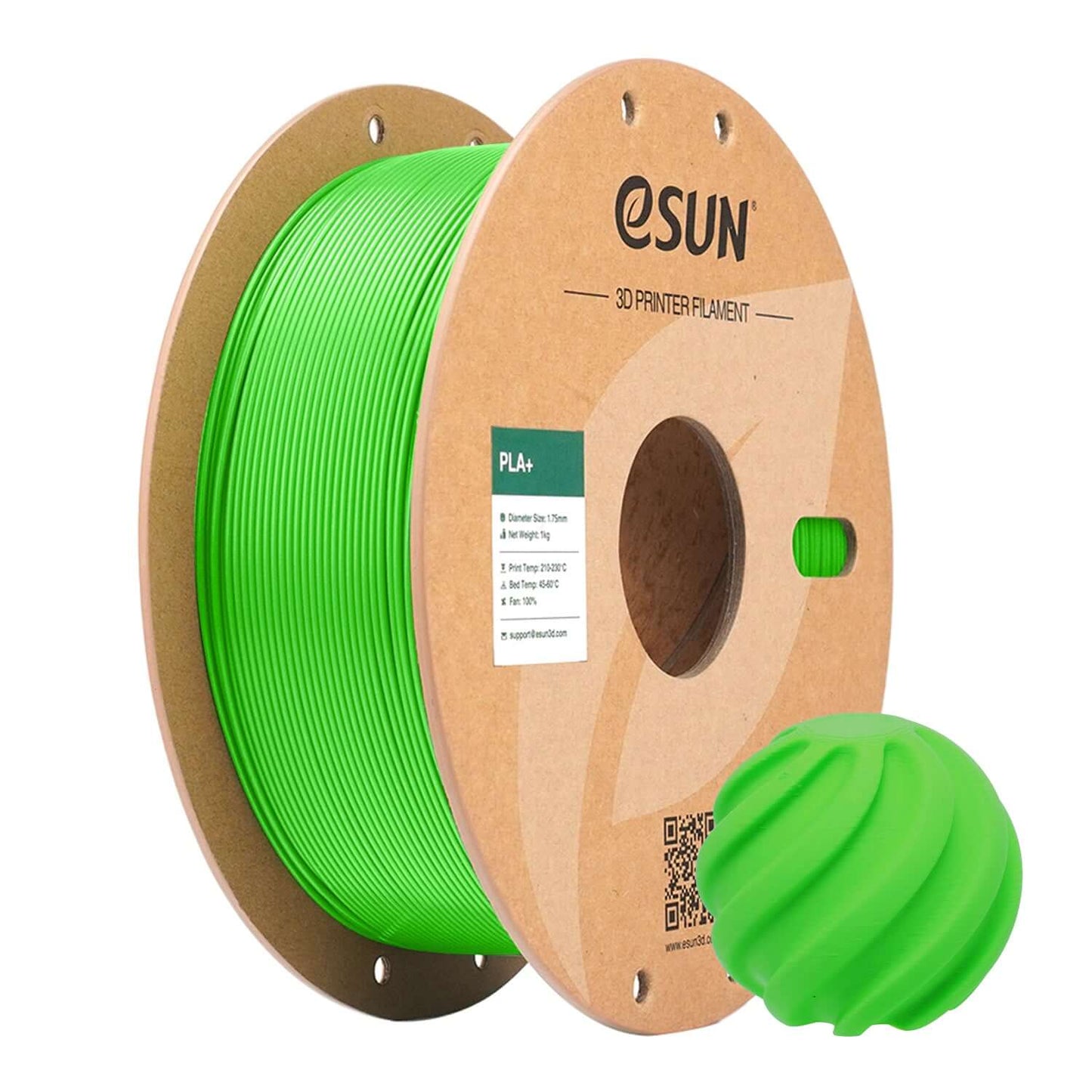 eSUN PLA+ – PLA-Filament mit erhöhter Zähigkeit auf einer Spule in leuchtendem Grün.