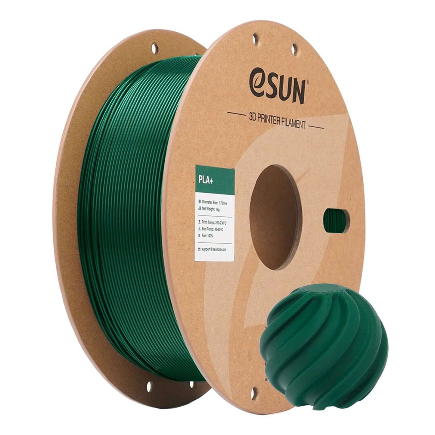 eSUN PLA+ – PLA-Filament mit erhöhter Zähigkeit auf Spule mit grünem Filament