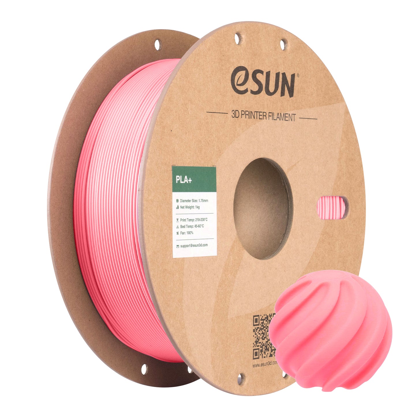 eSUN PLA+ – PLA-Filament mit erhöhter Zähigkeit auf einer Spule in rosa mit einem gewellten 3D-Druckobjekt