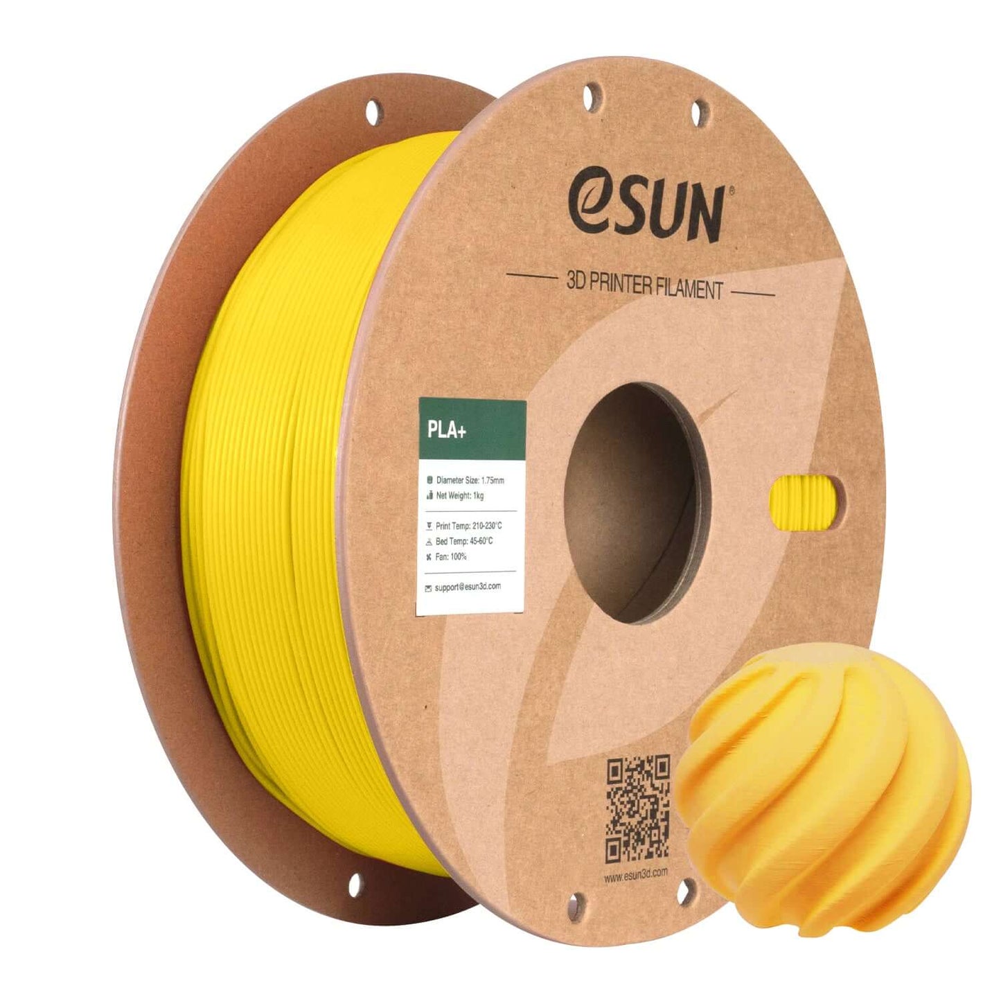 eSUN PLA+ – PLA-Filament mit erhöhter Zähigkeit auf einer Spule mit gelbem Filament und 3D-gedruckter gelber Probe.