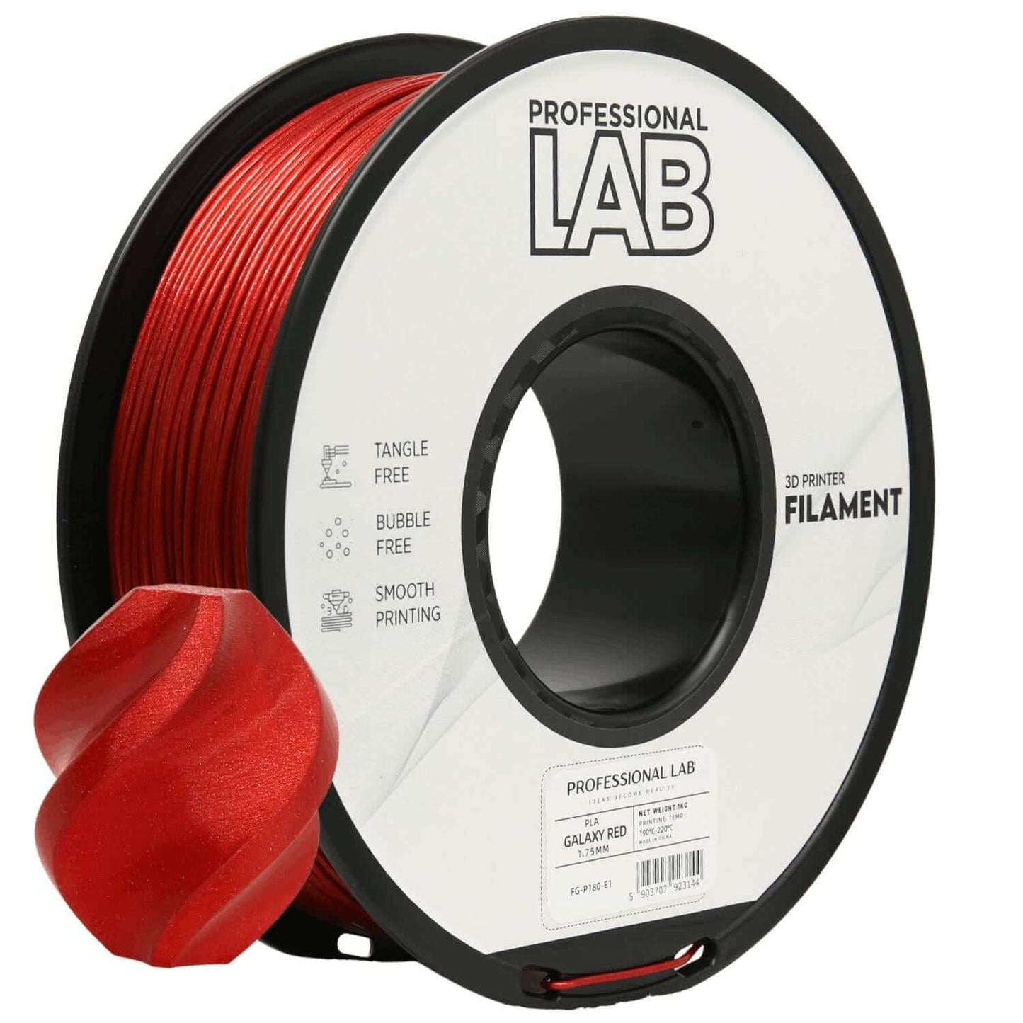 Professional Lab PLA Galaxy – Glitzerfilament mit Effekt auf einer Spule mit einem roten gedruckten Objekt.