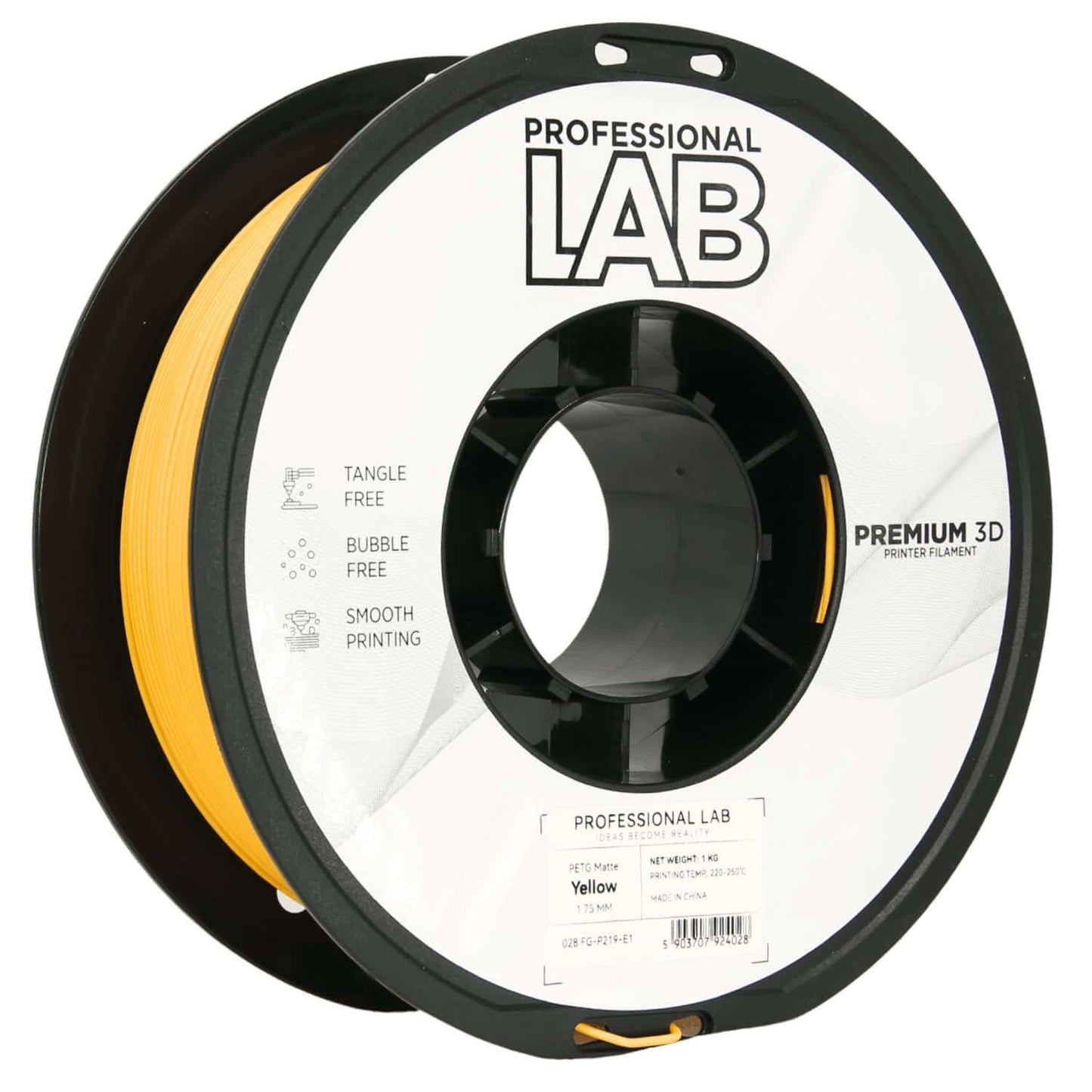 Professional Lab PETG Matte – Mattes PETG-Filament in yellow color on a spool for 3D printing.