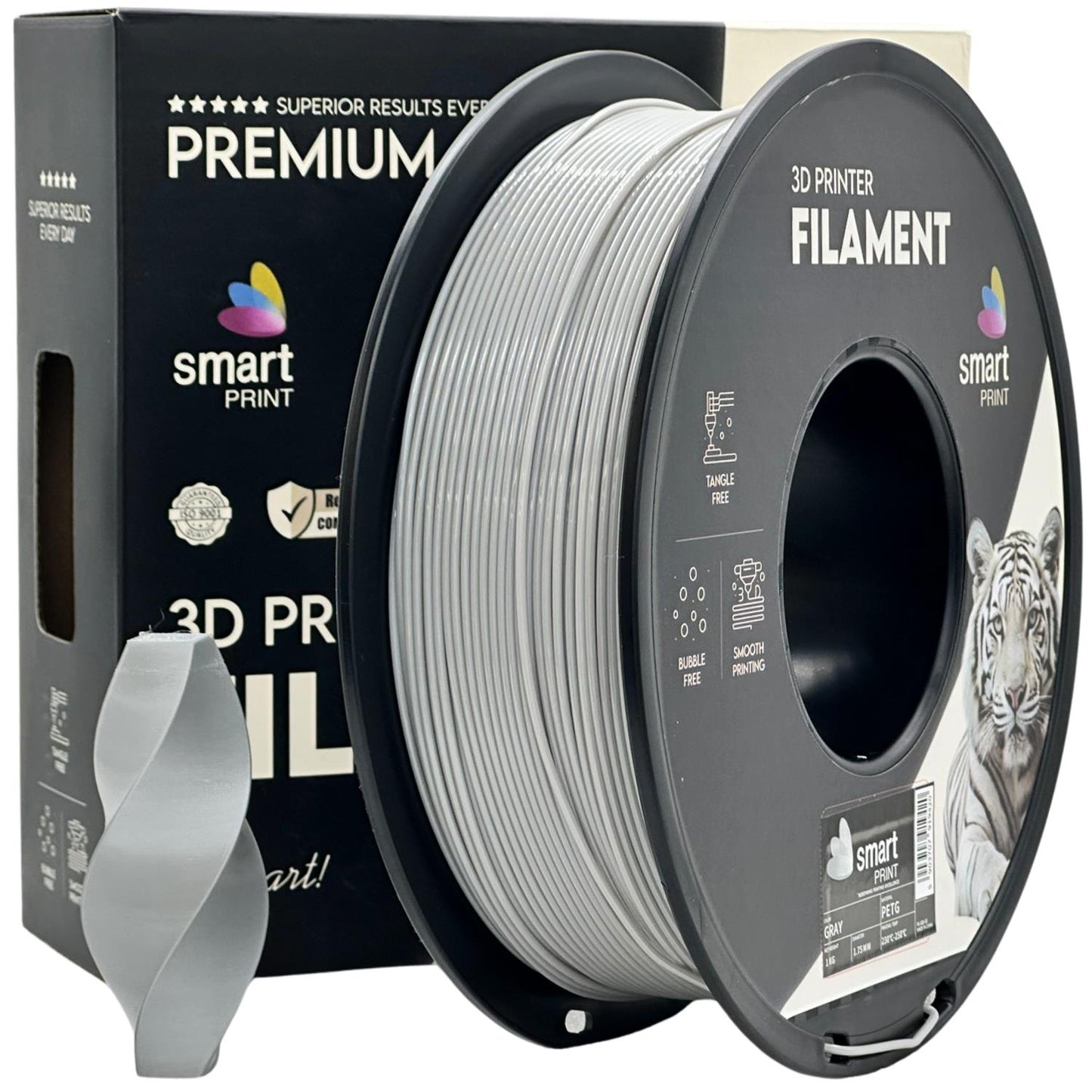 Smart Print PETG – robustes PETG-Filament für 3D-Druck mit grauem Filament auf Spule.