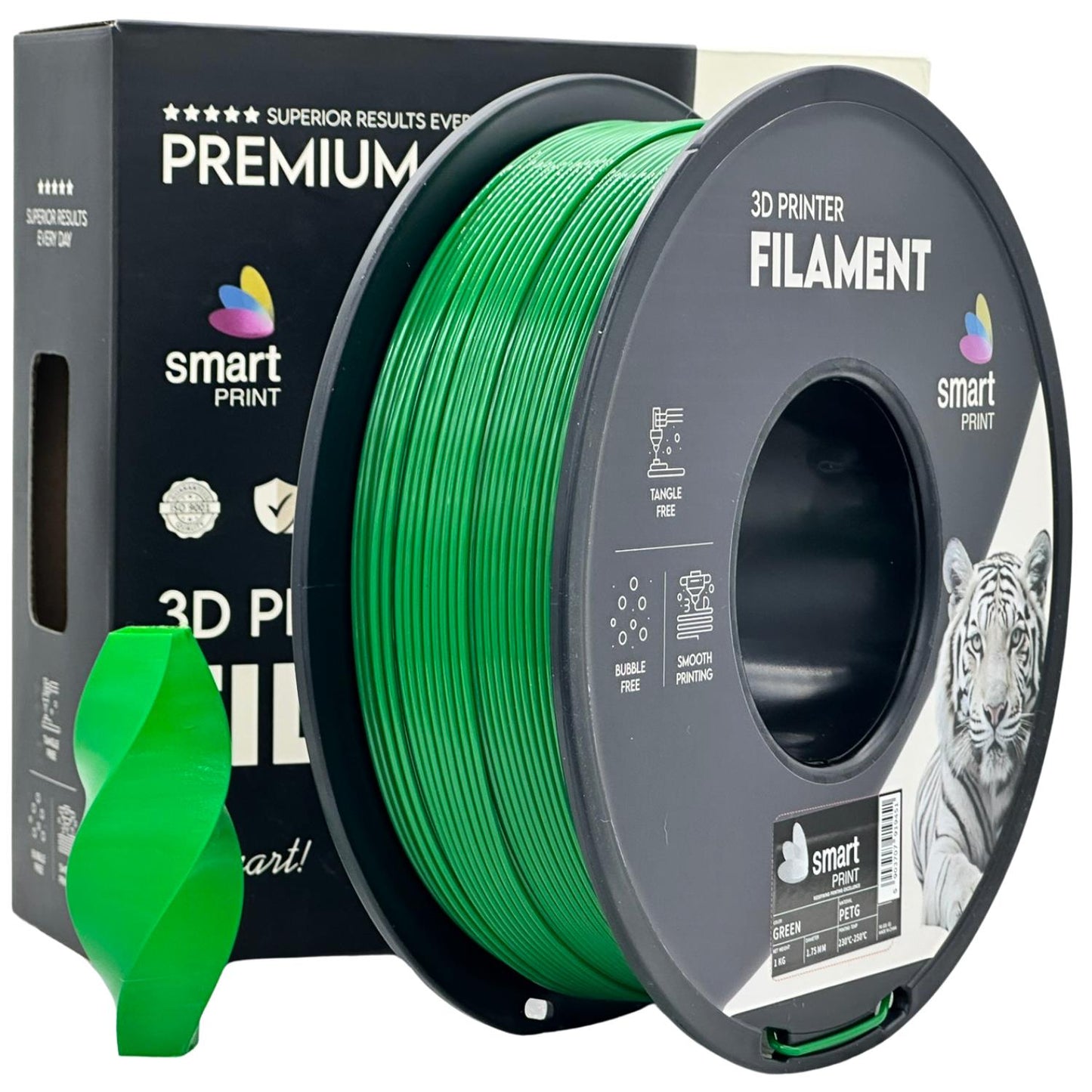 Smart Print PETG – robustes PETG-Filament für 3D-Druck in grüner Farbe auf Spule mit Verpackung.