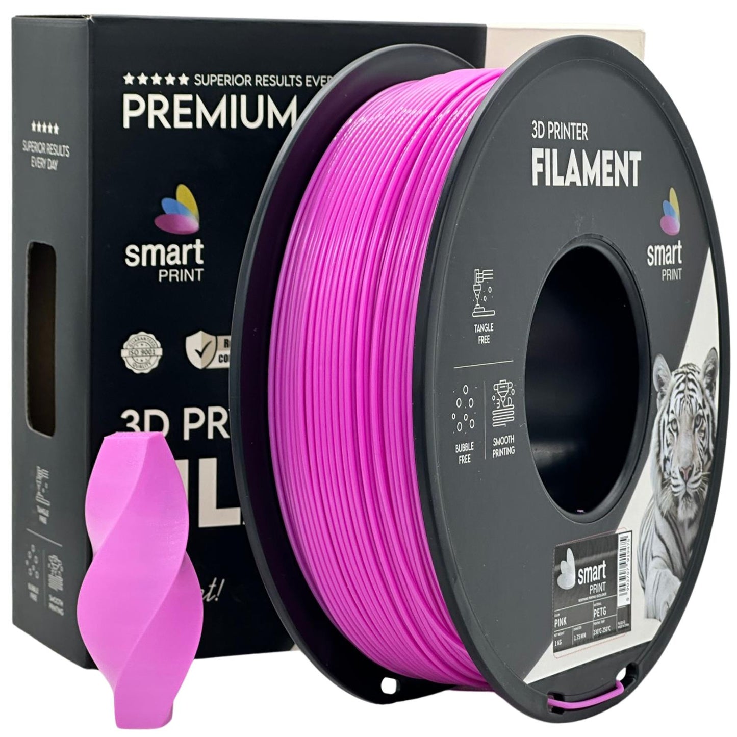Smart Print PETG – robustes PETG-Filament für 3D-Druck in pink mit Verpackung und Beispieldruck.
