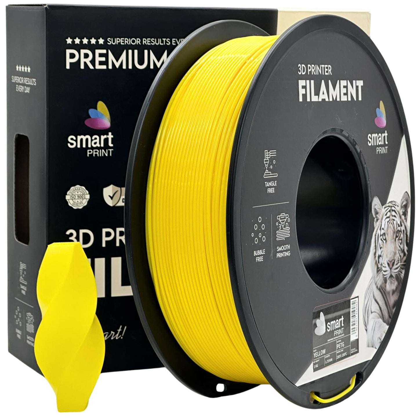 Smart Print PETG – robustes PETG-Filament für 3D-Druck in gelber Farbe, präsentiert auf der Spule.