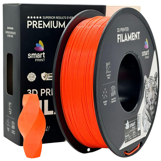 Smart Print PETG – robustes PETG-Filament für 3D-Druck auf einer Spule mit orangefarbenem Filament.
