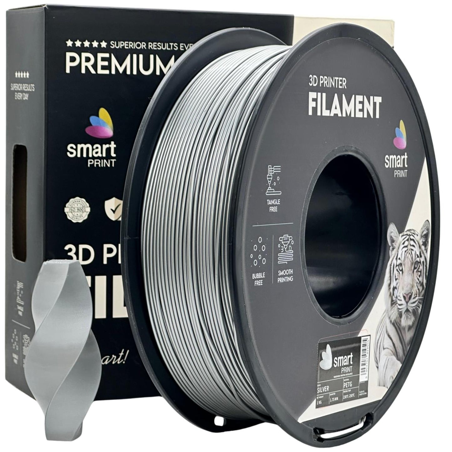 Smart Print PETG – robustes PETG-Filament für 3D-Druck auf einer Spule mit filigranem 3D-Druckteil.