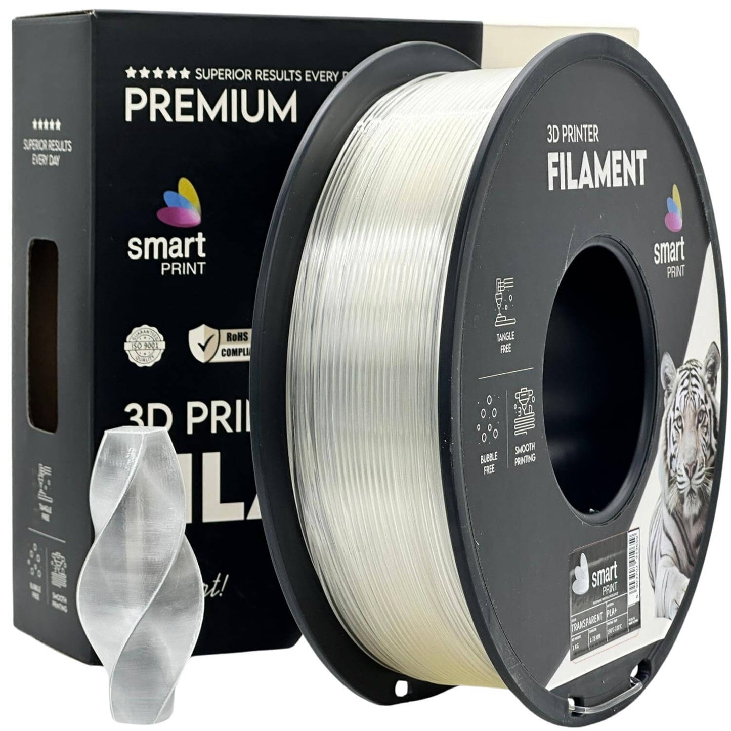 Smart Print PLA+ für stabile und belastbare Druckteile, mit 3D-Drucker-Filament und gedrucktem Teil.