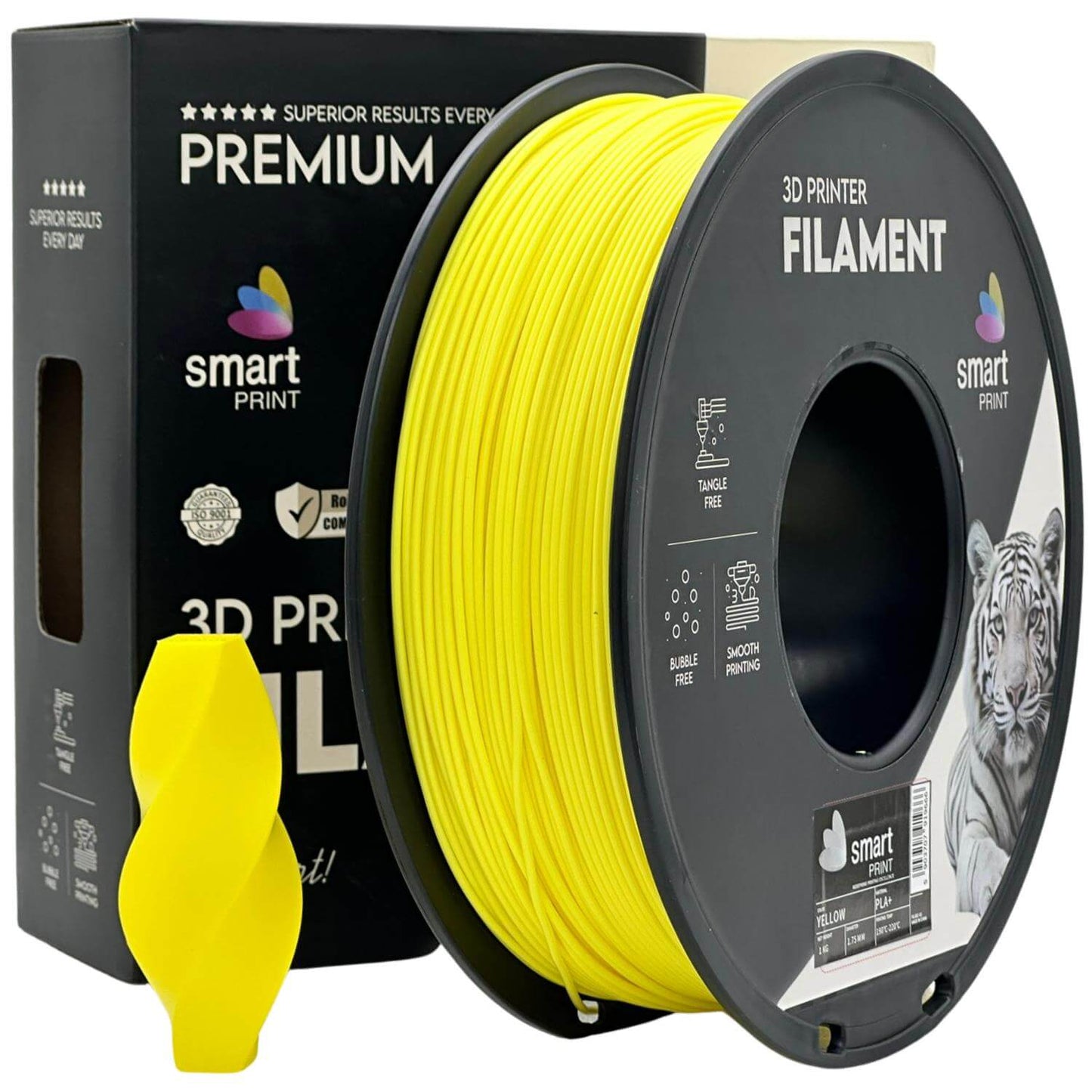 Smart Print PLA+ für stabile und belastbare Druckteile, gelbes 3D Drucker Filament in der Verpackung.