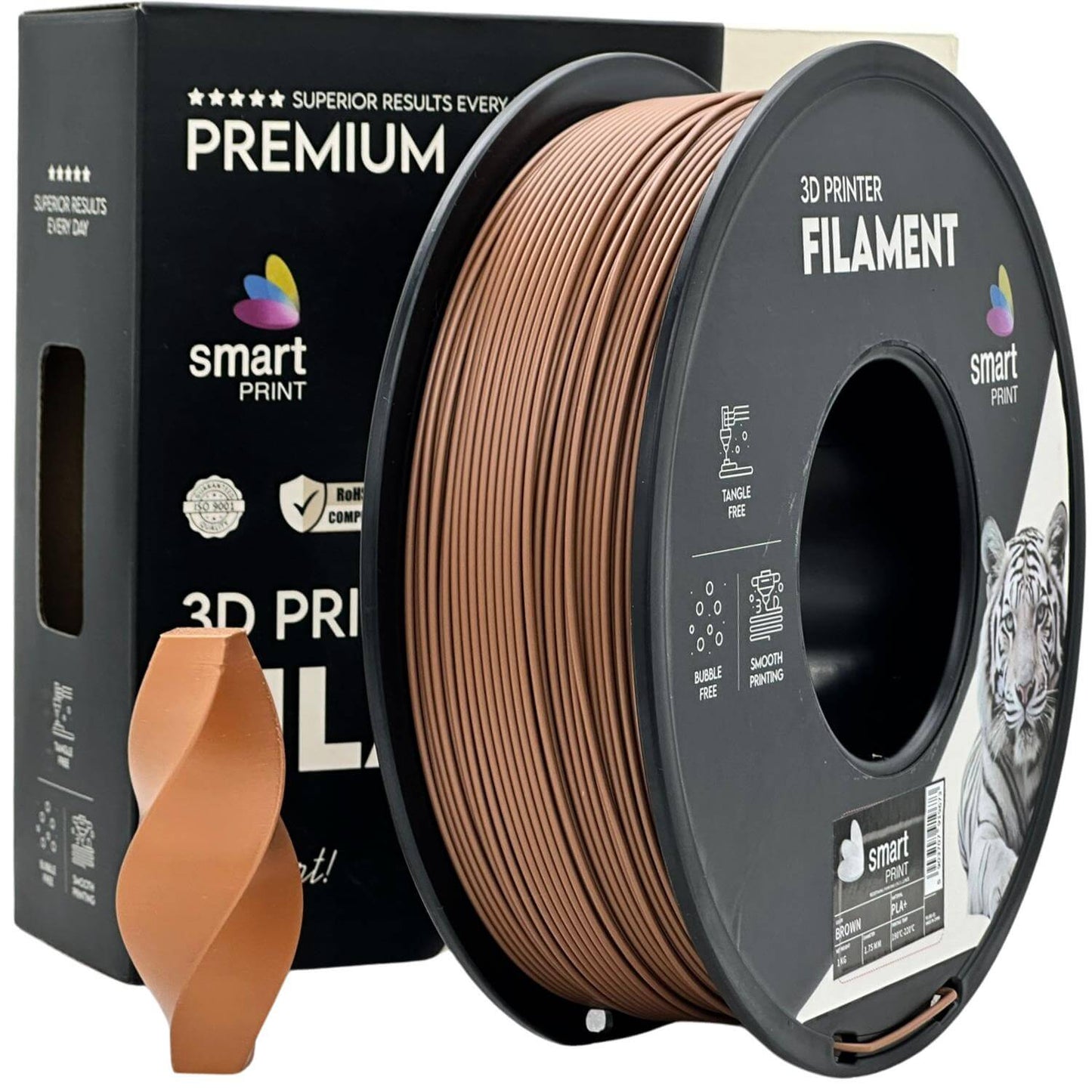 Smart Print PLA+ für stabile und belastbare Druckteile - 3D-Druck Filament Spule mit braunem Material