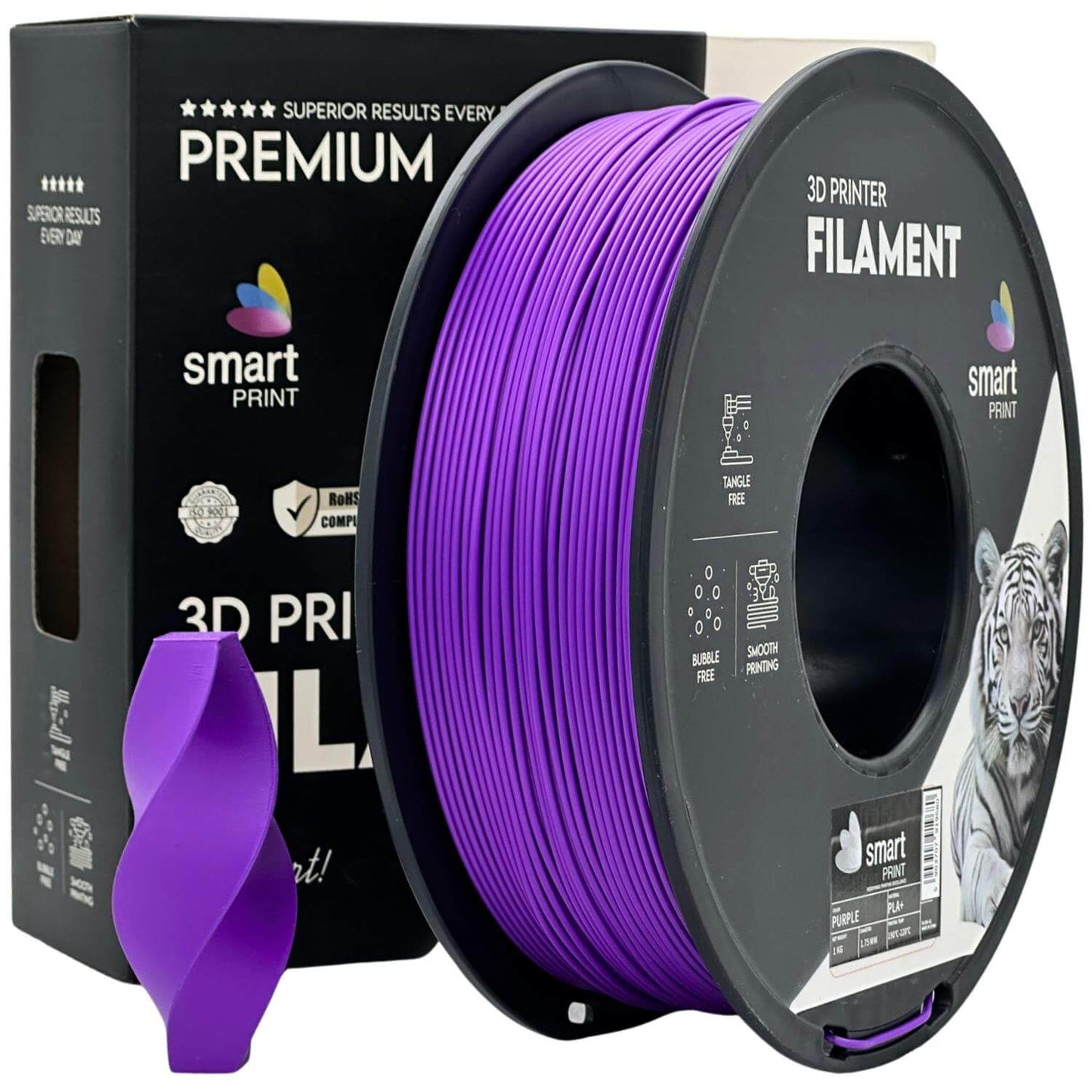 Smart Print PLA+ für stabile und belastbare Druckteile mit lila Filament und innovativem Design.