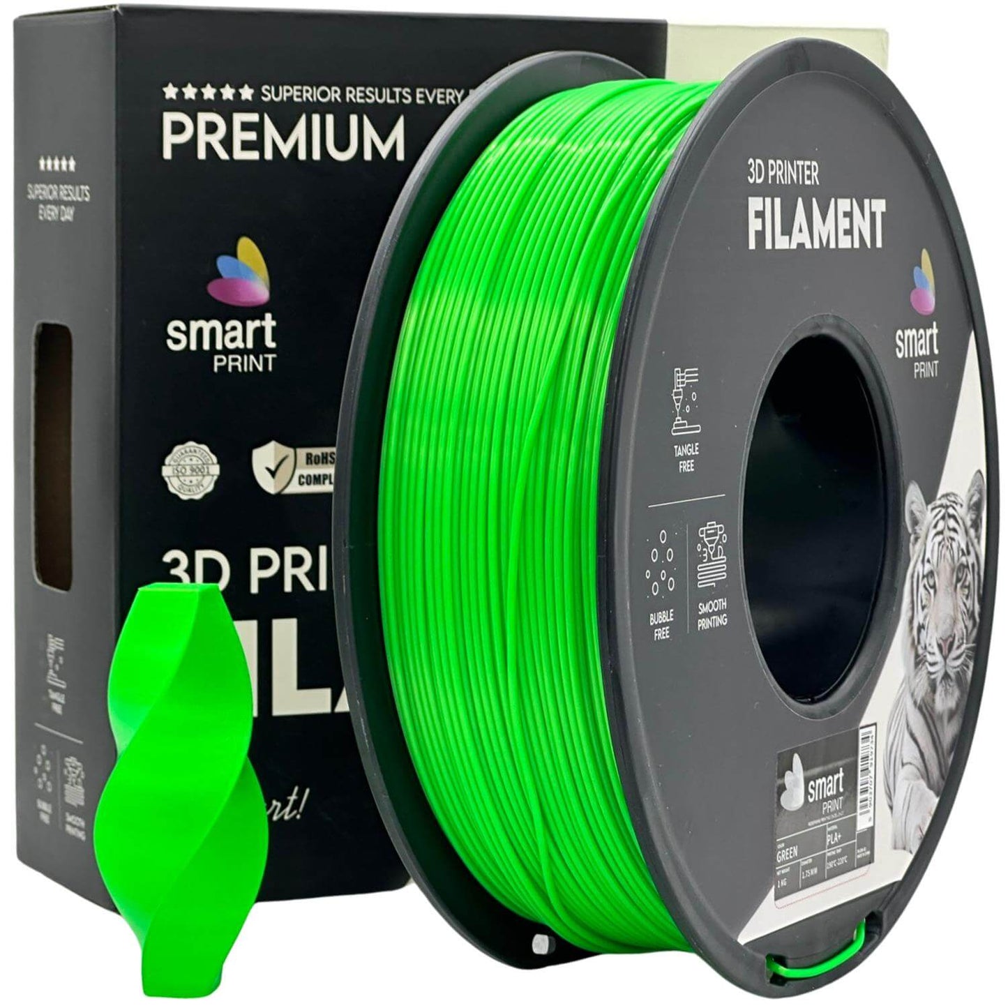 Smart Print PLA+ für stabile und belastbare Druckteile - grünes Filament auf Spule mit Verpackung.