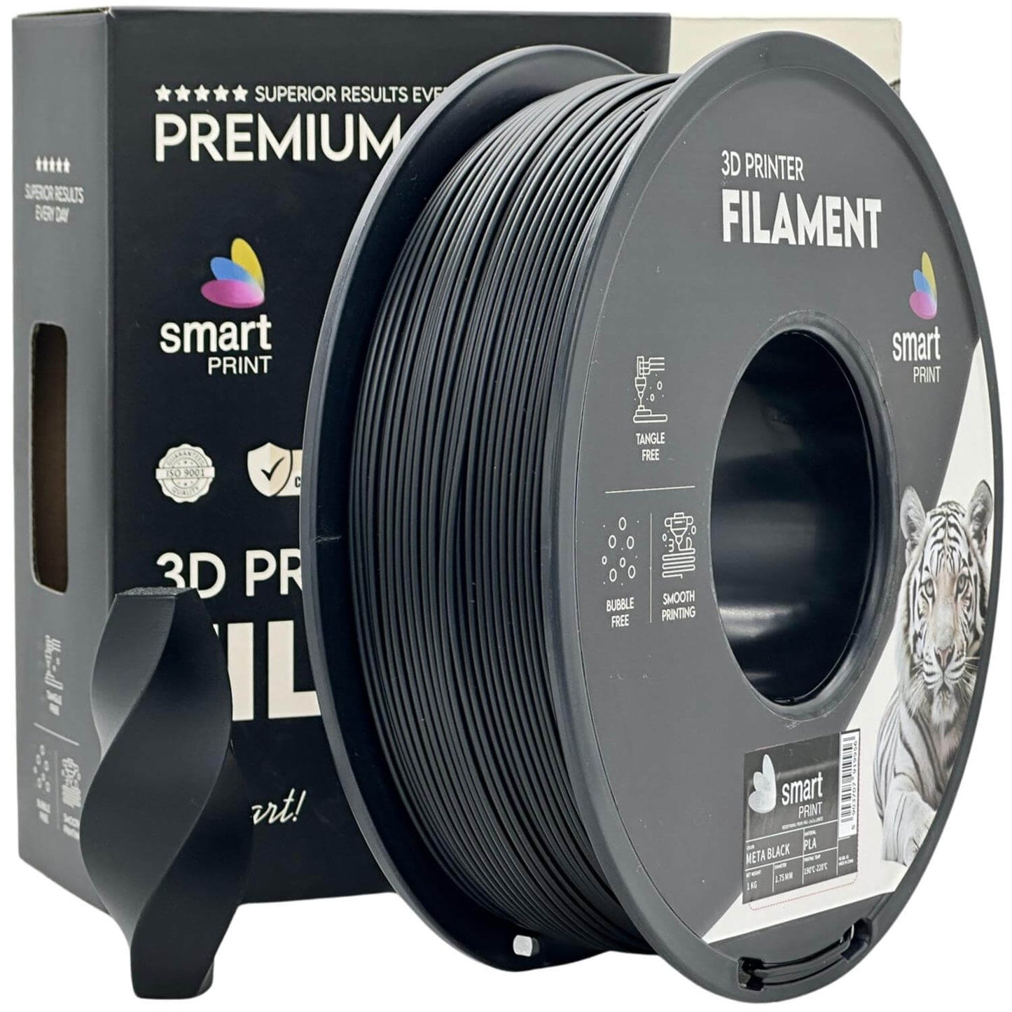Smart Print PLA META für saubere Alltagsdrucke - 3D-Druck Filament auf Spule in Schwarz mit Verpackung.