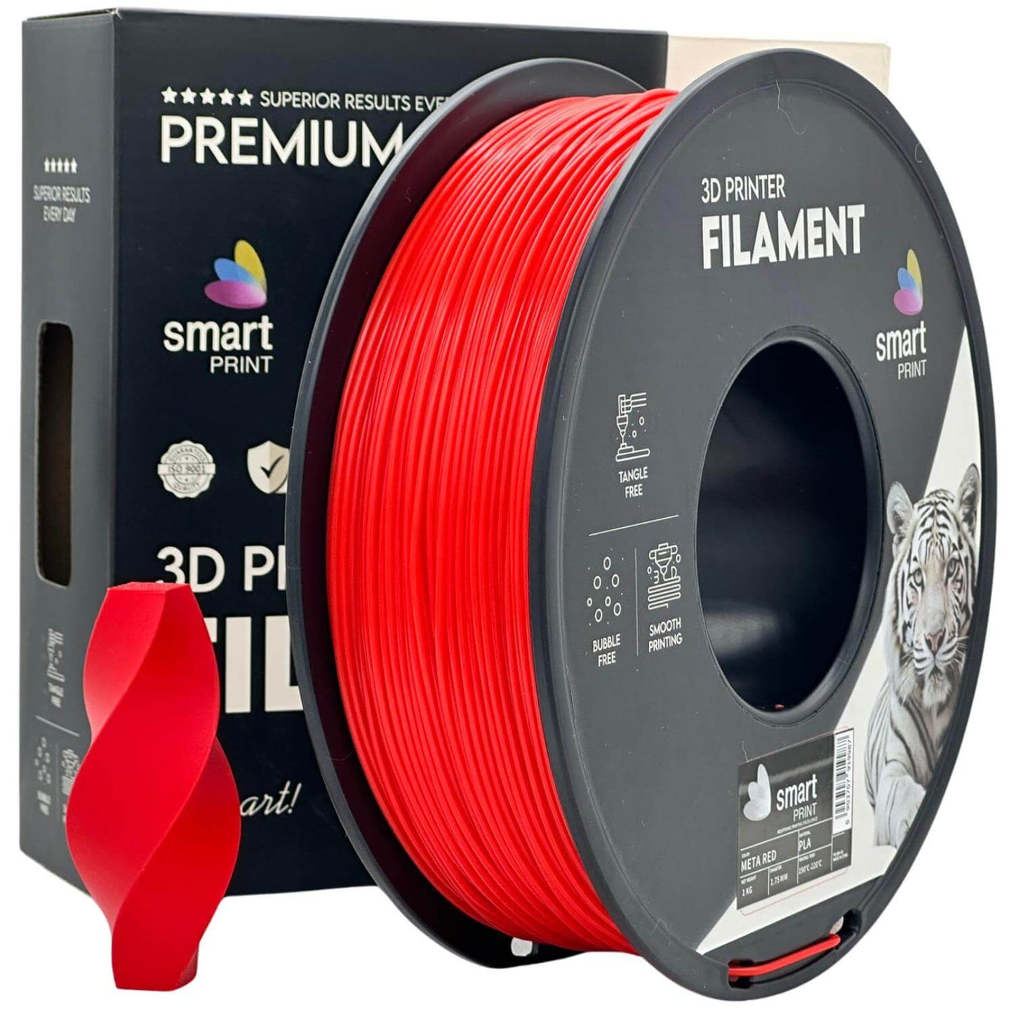 Smart Print PLA META für saubere Alltagsdrucke, rotes Filament auf Spule mit Verpackung.