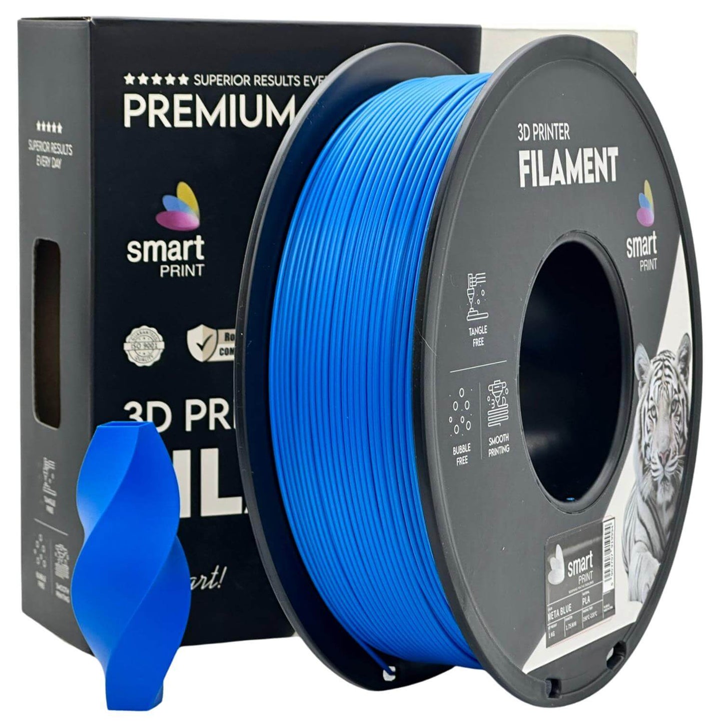 Smart Print PLA META für saubere Alltagsdrucke - blaue Filamentrolle für FDM-3D-Druck.