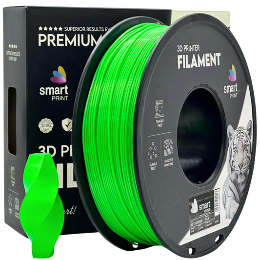 Smart Print PLA META für saubere Alltagsdrucke - grünes PLA-Filament und Verpackung von Smart Print.