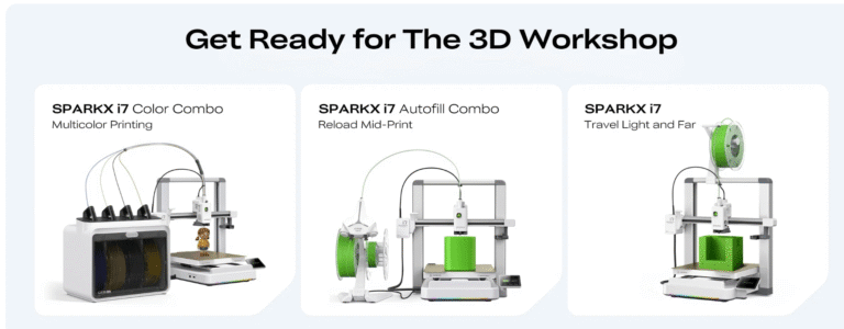 Creality SPARX i7 Color Combo 3D Drucker, SPARX i7 Autofill Combo und SPARX i7 für 3D-Druck Workshops.