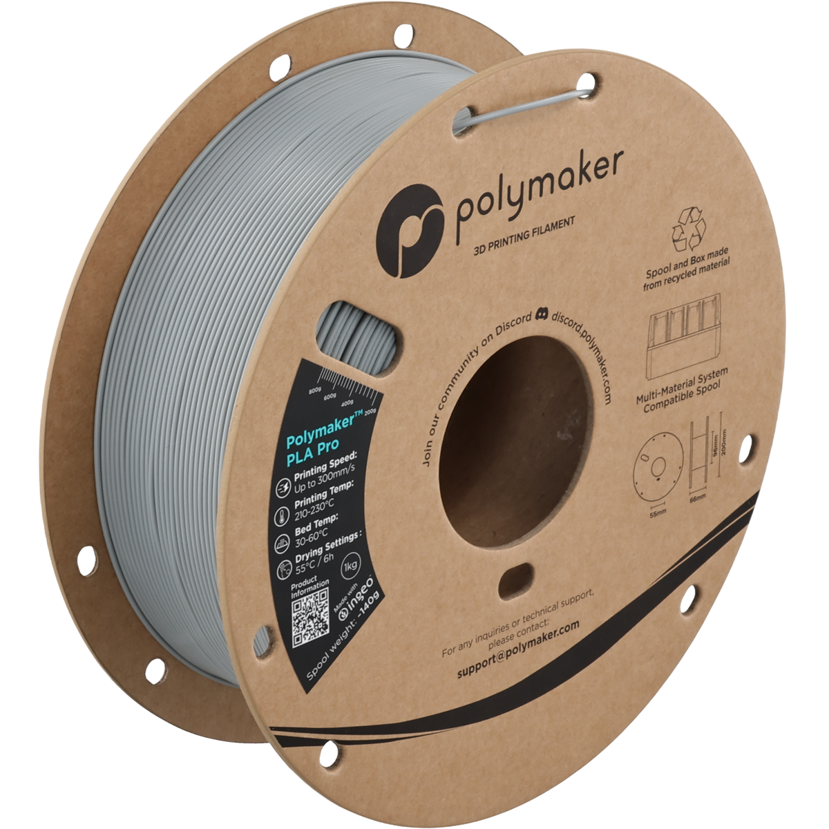 Polymaker PLA Pro Filament in Grau, 1,75 mm, 1-kg-Spule