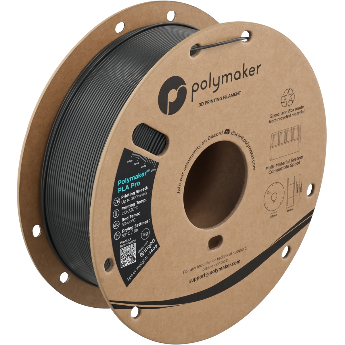 Polymaker PLA Pro Filament in Dunkelgrau, 1,75 mm, 1-kg-Spule
