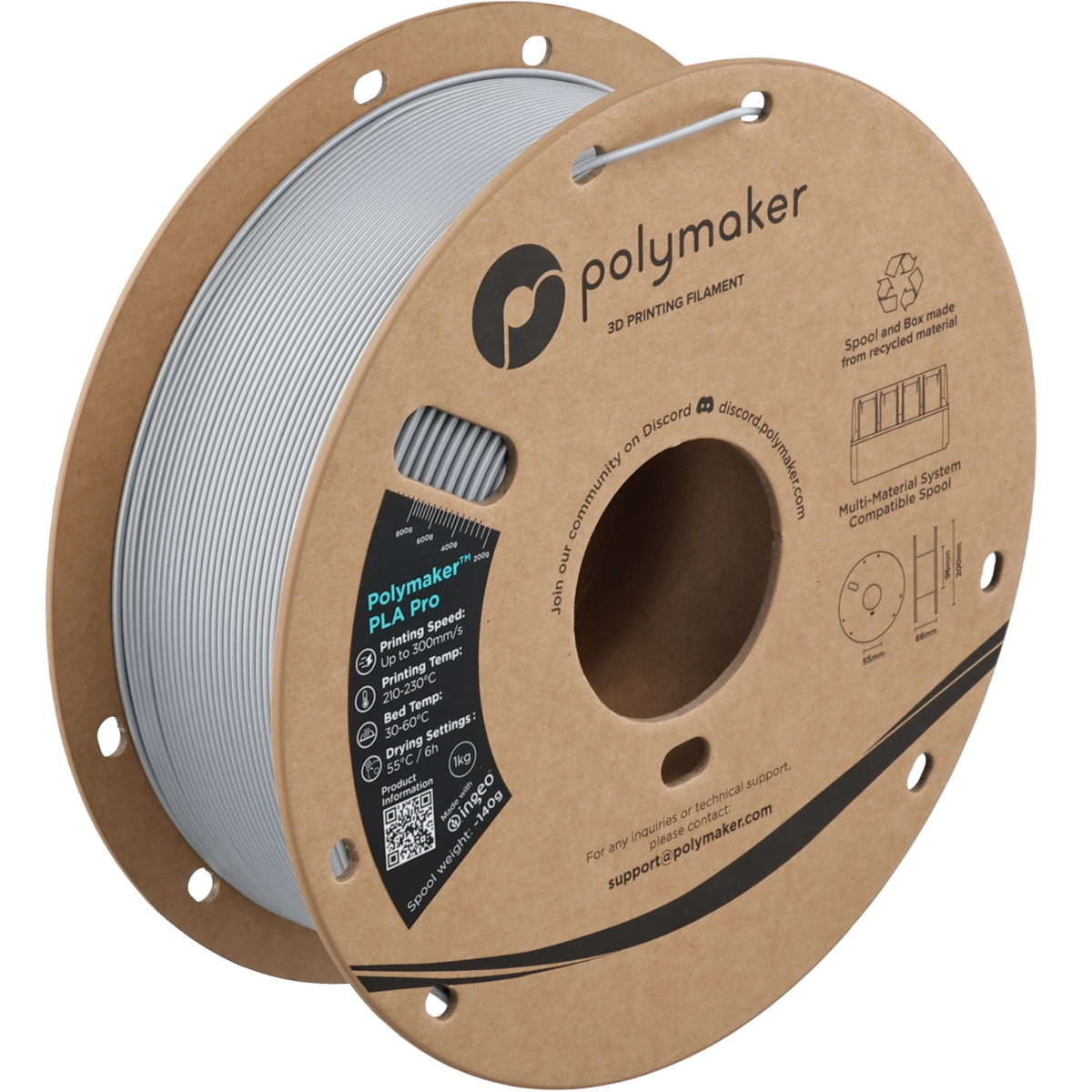 Polymaker PLA Pro Filament in Metallic Silber, 1,75 mm, 1-kg-Spule