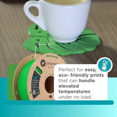 Polymaker HT-PLA hitzebeständiges PLA Filament auf einem grünen Untersetzer, ideal für 3D-Druck.