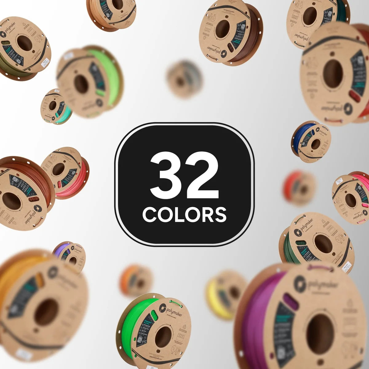 Polymaker PLA Pro Filament: viele Spulen in verschiedenen Farben, Hinweis auf 32 Farben